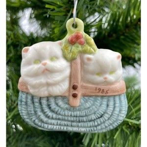 Vintage E Hoffmann Kittens in a Basket Christmas Ornament 1985 Signed Porcelain